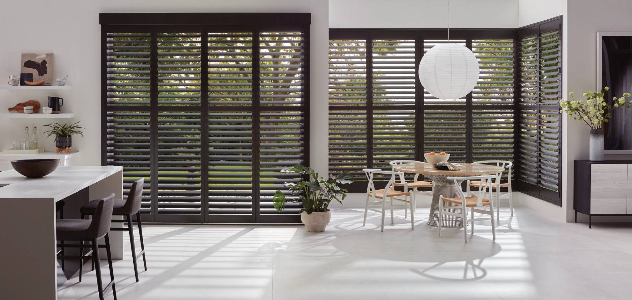 Hunter Douglas Heritance® Hardwood Shutters in a modern kitchen near Oklahoma City, Oklahoma