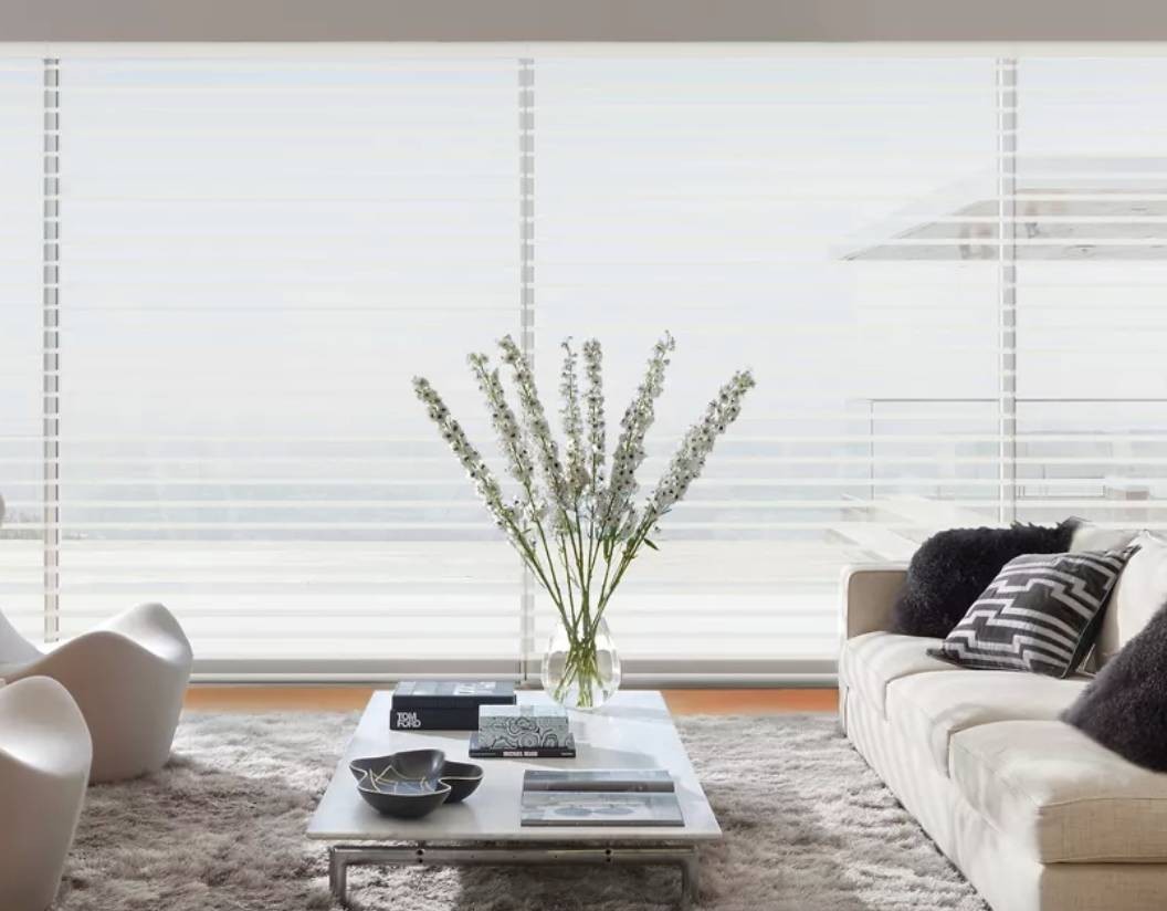 Silhouette® Sheer Shades in a modern living room at The Shady Lady Interiors near Oklahoma City, OK
