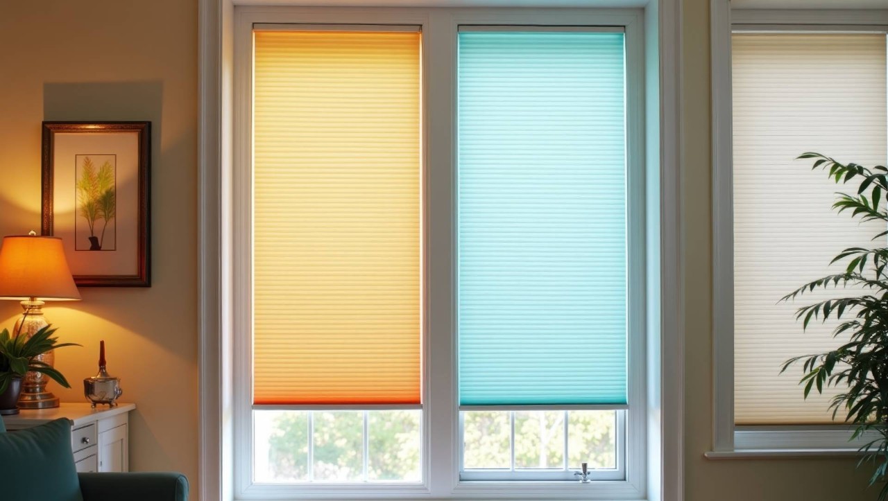 Three cellular shades on a variety of window shapes at The Shady Lady Interiors near Oklahoma City, Oklahoma