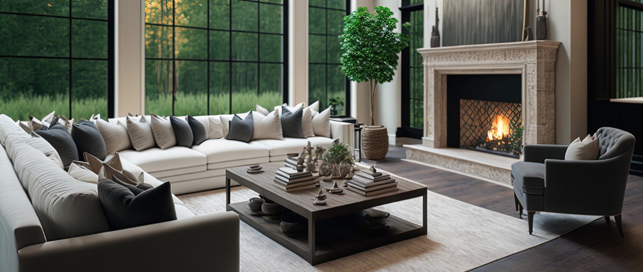 Large living room area with L-shaped sectional and gorgeous large windows overlooking the greenery outside. 